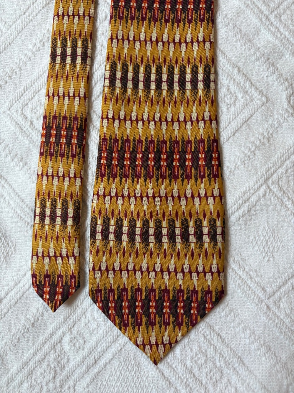 Vintage Marco Polo Italian Style Geometric Necktie Mustard Yellow Burgundy